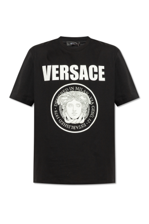 【関税＆送料込み】Versace Black Crewneck T-Shirt With Grec VERSACE T-shirt Black Medusa Print Cotton Crew Neck Men Tee